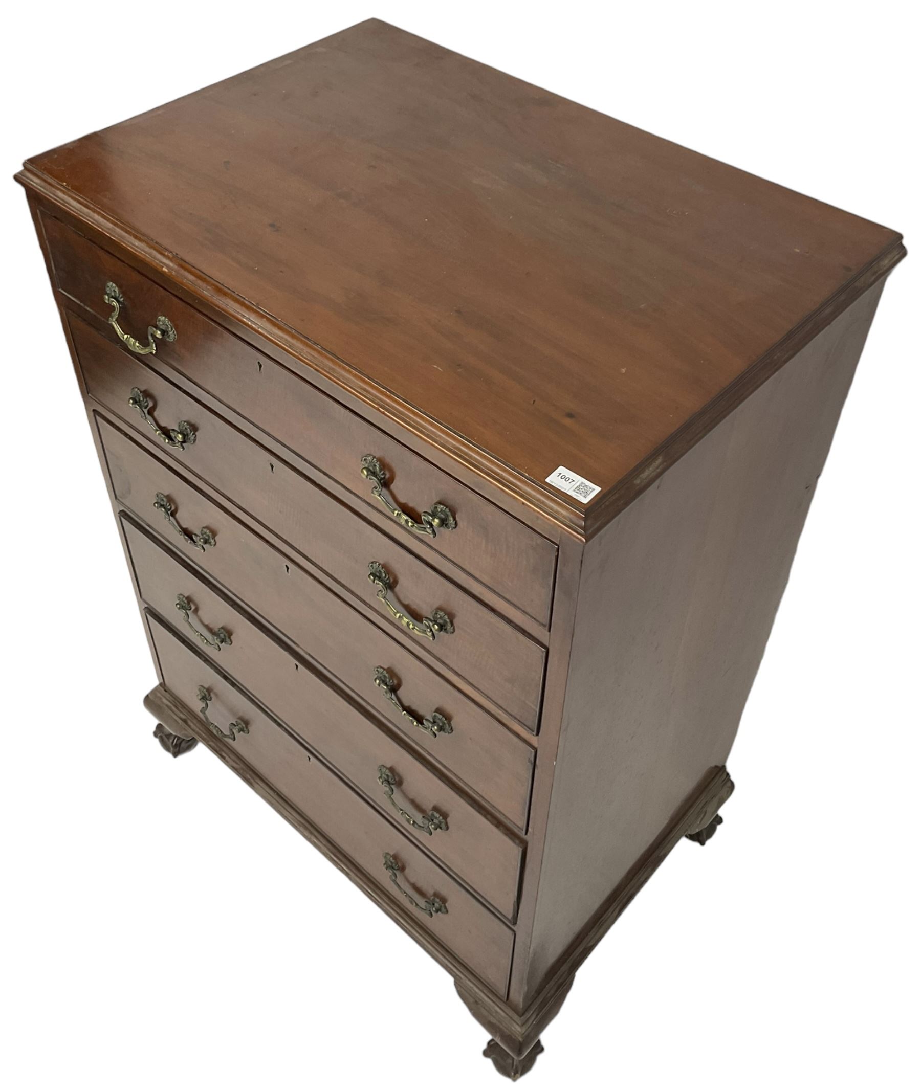 Early 20th century Georgian design chest, fitted with five graduating cock-beaded drawers, lower moulded edge over ogee supports with ball and claw feet