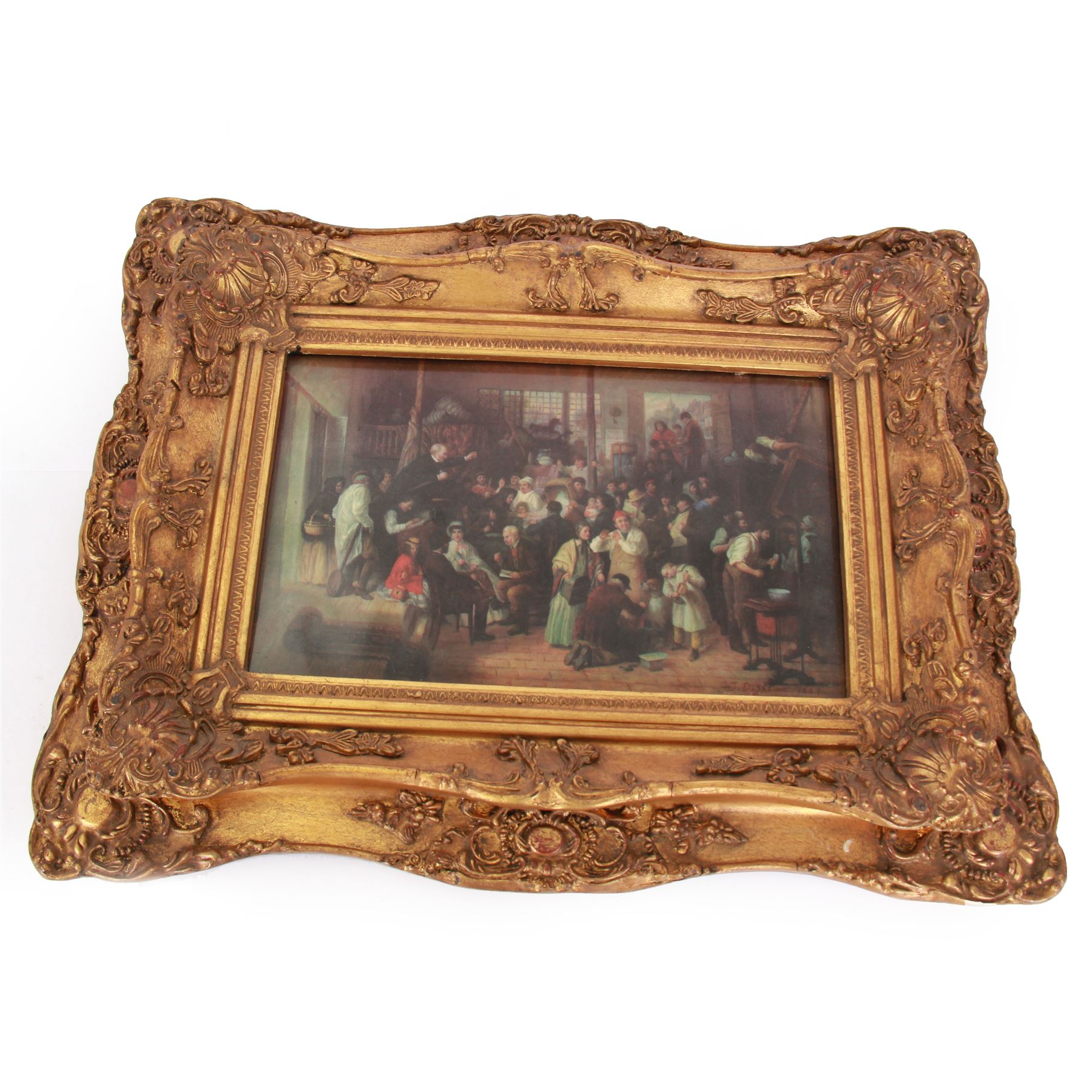 Transfer print on porcelain tile decorated with a market scene, signed lower right and stamped Vienna verso, set in a heavy gilt frame, H41cm, L54cm