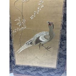 Two Oriental silk and wooden screens embroidered with birds and blossoming branches, largest H88cm 