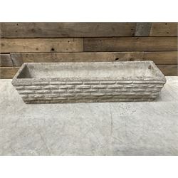 Pair of square cast stone planters, single planter with leaf decoration and a rectangular brick effect planter (4)