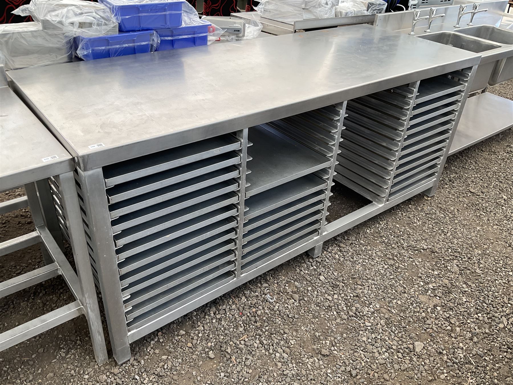 Aluminium framed and stainless steel commercial tray rack preparation table, 48 tray capacity, complete with 30 trays, trays size 66cm x 46 cm - THIS LOT IS TO BE COLLECTED BY APPOINTMENT FROM DUGGLEBY STORAGE, GREAT HILL, EASTFIELD, SCARBOROUGH, YO11 3TX