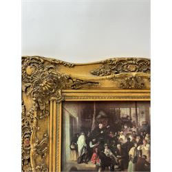 Transfer print on porcelain tile decorated with a market scene, signed lower right and stamped Vienna verso, set in a heavy gilt frame, H41cm, L54cm