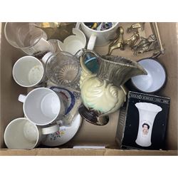 Commemorative ware, including mugs, shots glasses, plates and book etc, together with a ceramic shire horse and wooden cart, four Leonardo blue and white tea pots, and a collection of other ceramics and glassware, in three boxes 