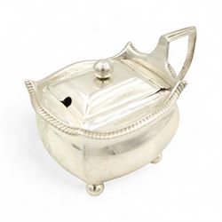 George III silver mustard pot of rectangular form with gadrooned border, hinged lid, gilded interior and ball feet London 1805 Maker Alice & George Burrows II