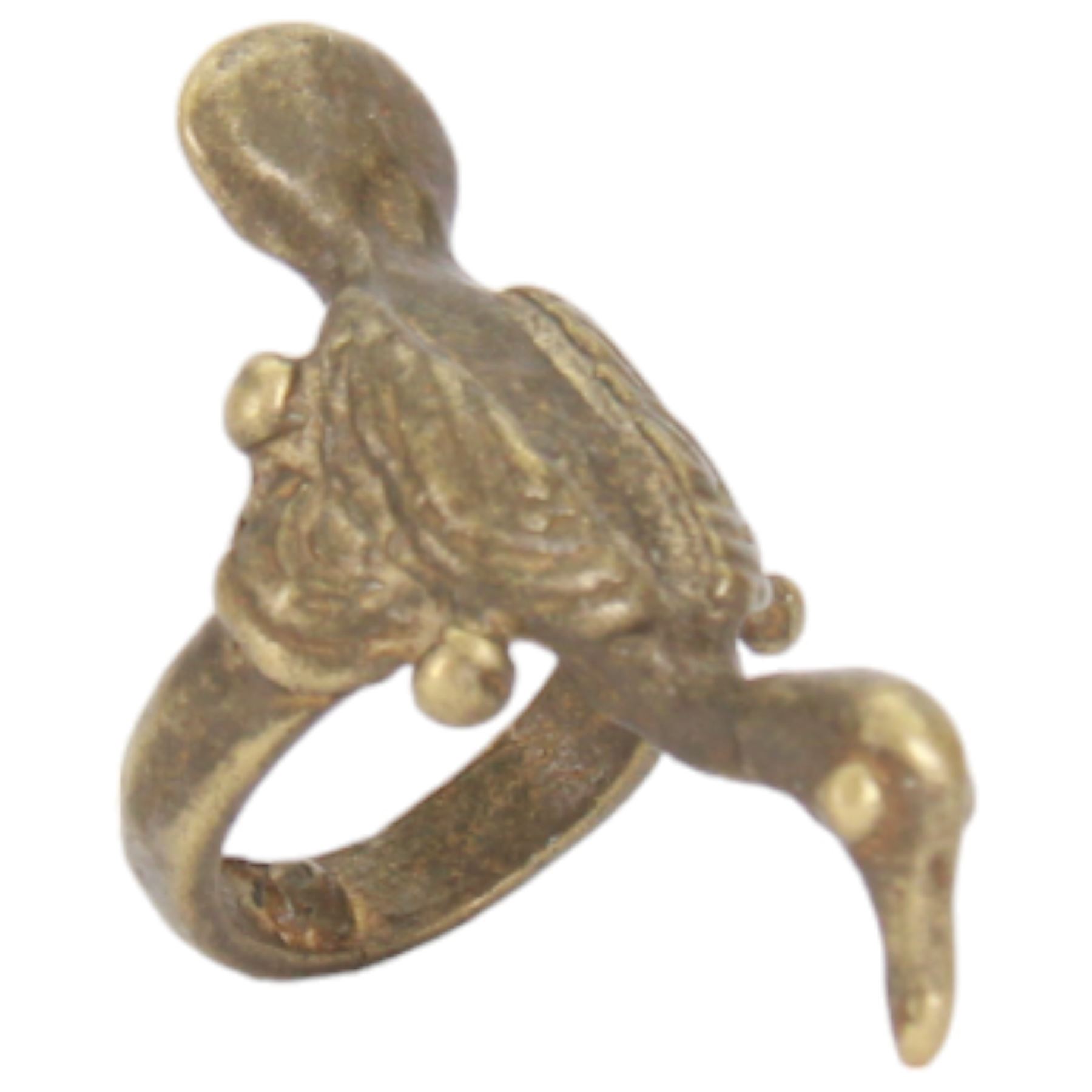 Four Ashanti brass rings, two examples modelled as birds, another as a locust and another as a serpent, lizard and oxen, largest example L6cm