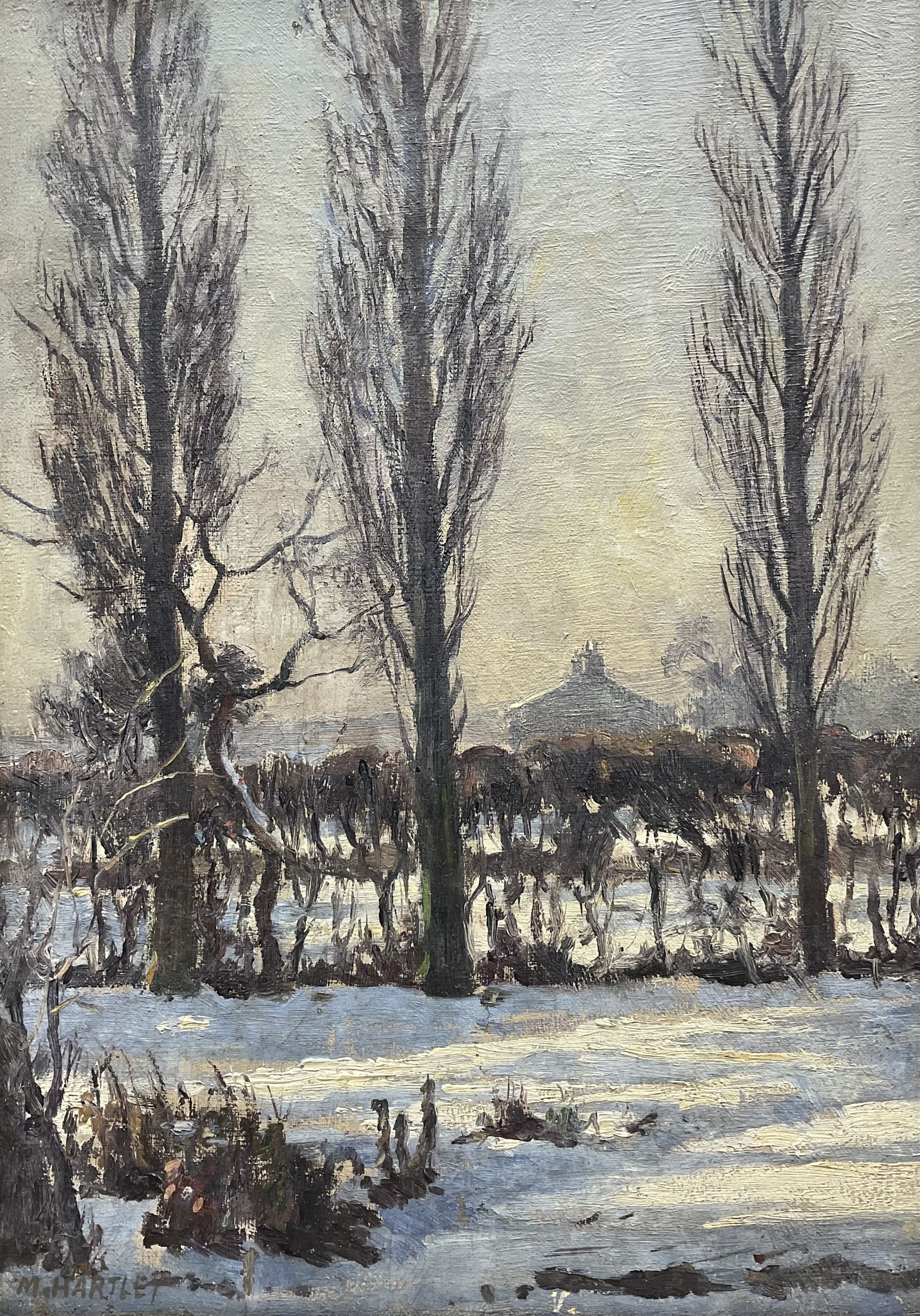 Marie Hartley (Yorkshire 1905-2006): 'Three Poplars in Winter from Owen Bowen's House', oil on canvas signed, titled on printed label verso 34cm x 24cm