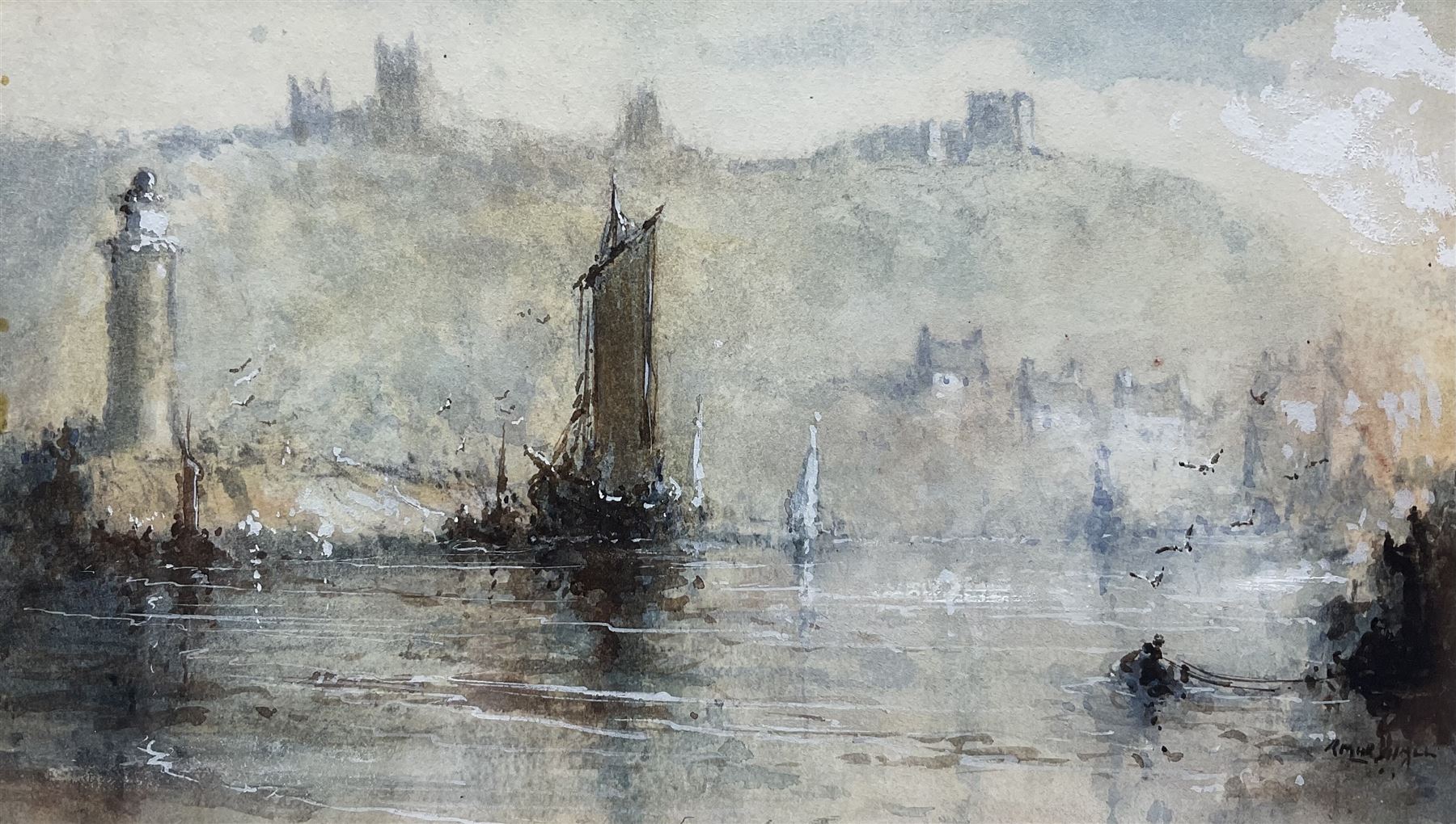 Richard Marshall (British 1944-2006): Whitby Harbour, watercolour heightened in white signed 14cm x 24.5cm