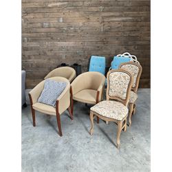 Two metal lanterns, three hessian tub shaped chairs, two blue chairs, two a French chairs, upholstered armchairs, two X framed stools, wall mirror, three drawer chest (14)