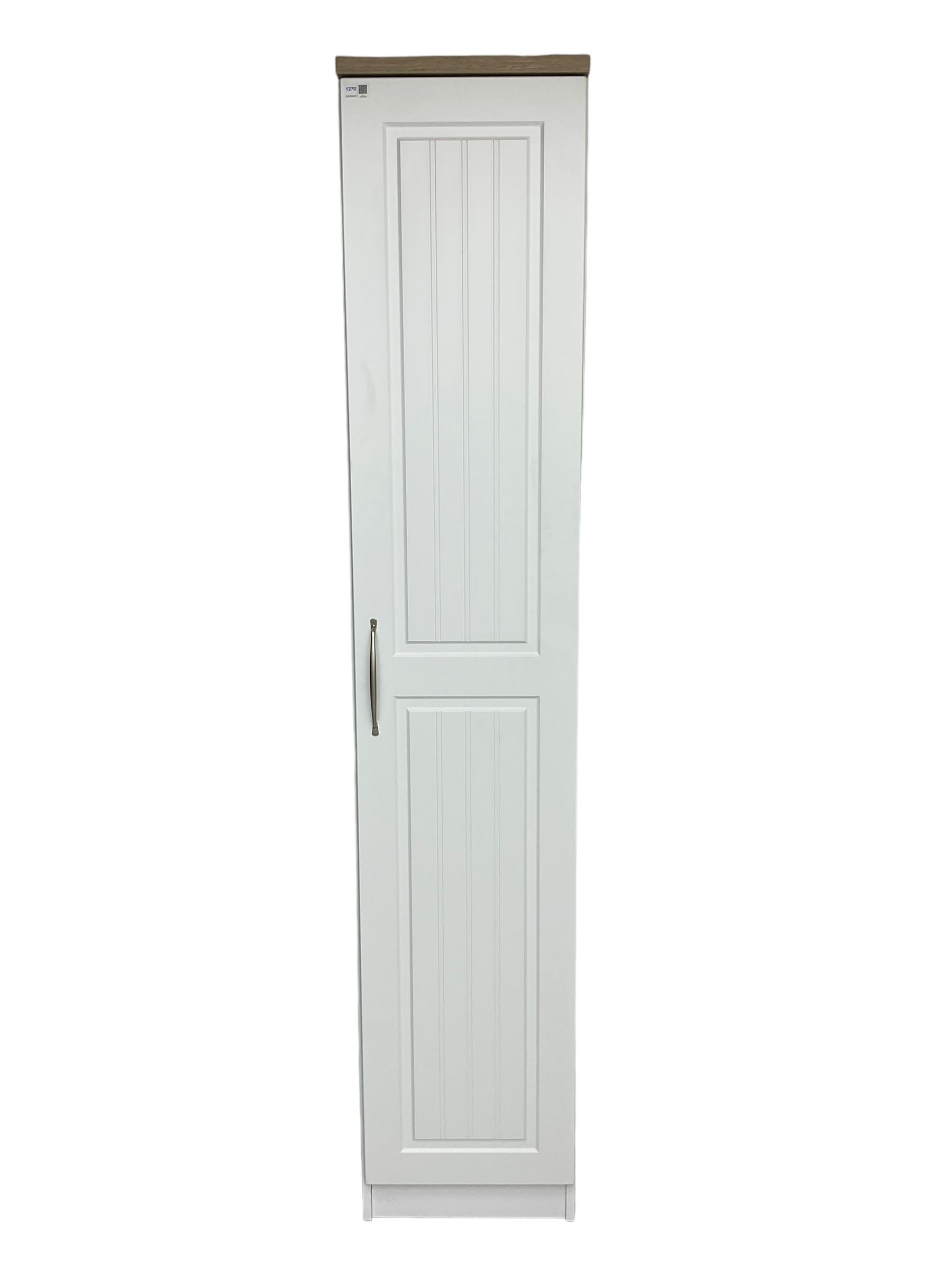 Oak and white finish tall narrow single wardrobe, fitted with shelves