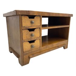 John Lewis - 'Bergerac' oak television stand, rectangular plank top over three drawers with cut-out handles to the left and open shelving to the right, on square supports with slanted edges