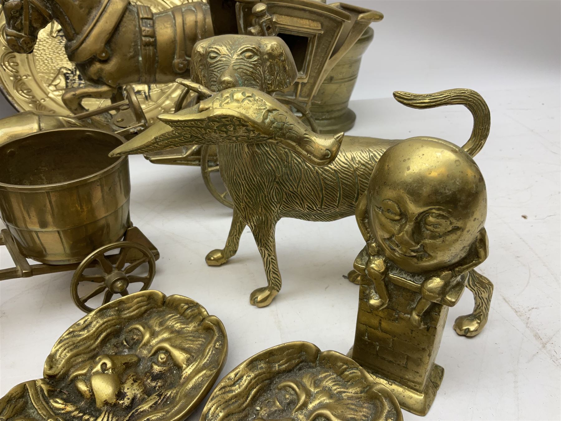 Large brass sculpture, together with a quantity of metalware, including brass tiger with gaping mouth, copper horn, brass dog with a pheasant , collection of brass horses, brass door knocker etc, sculpture H80cm