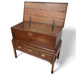 Late 18th century oak blanket box on stand, the box with hinged lid enclosing vacant interior, the stand fitted with single drawer, on square tapering supports 