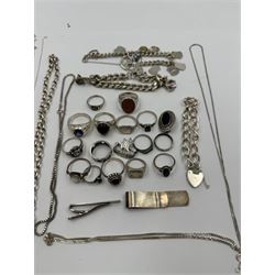 Collection of silver jewellery, including charm bracelet, stone set rings, money clips, chains, rings etc 