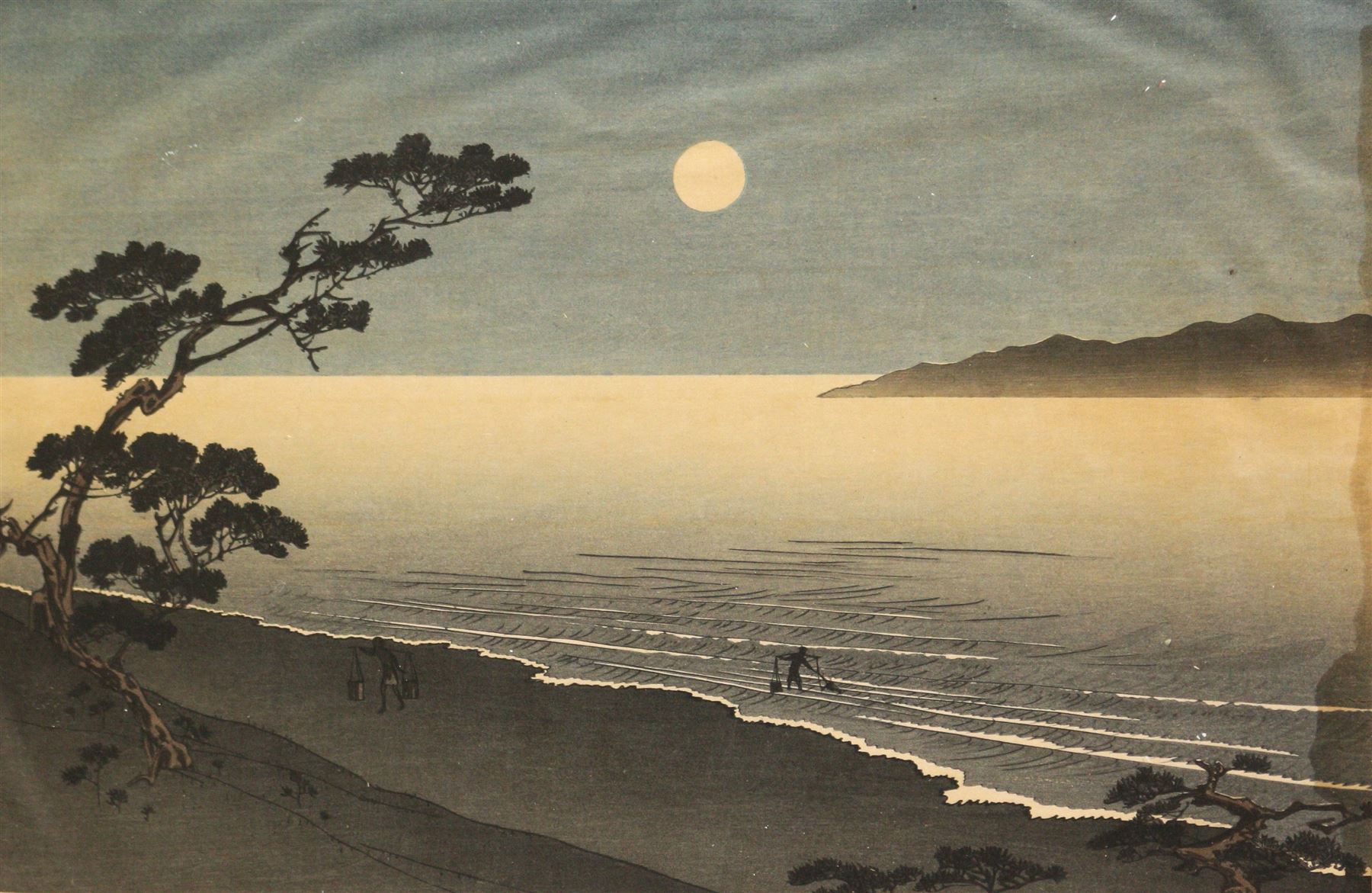 Yoshimune Arai (Japanese 1873-1945): 'Suma Beach by Moonlight', woodblock print 22cm x 34cm 