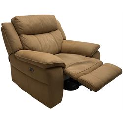 Electric reclining three-seat sofa (W213cm, H100cm) and matching armchair (W109cm) upholstered in brown fabric