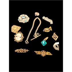 9ct gold brooch, silver brooches including hardstone set dirk brooch, silver chain links and a collection of Victorian and later costume jewellery including hairwork brooch and locket