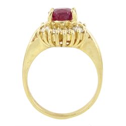 14ct gold oval cut ruby and round brilliant cut diamond cluster ring, stamped, ruby approx 2.00 carat, total diamond weight approx 0.40 carat