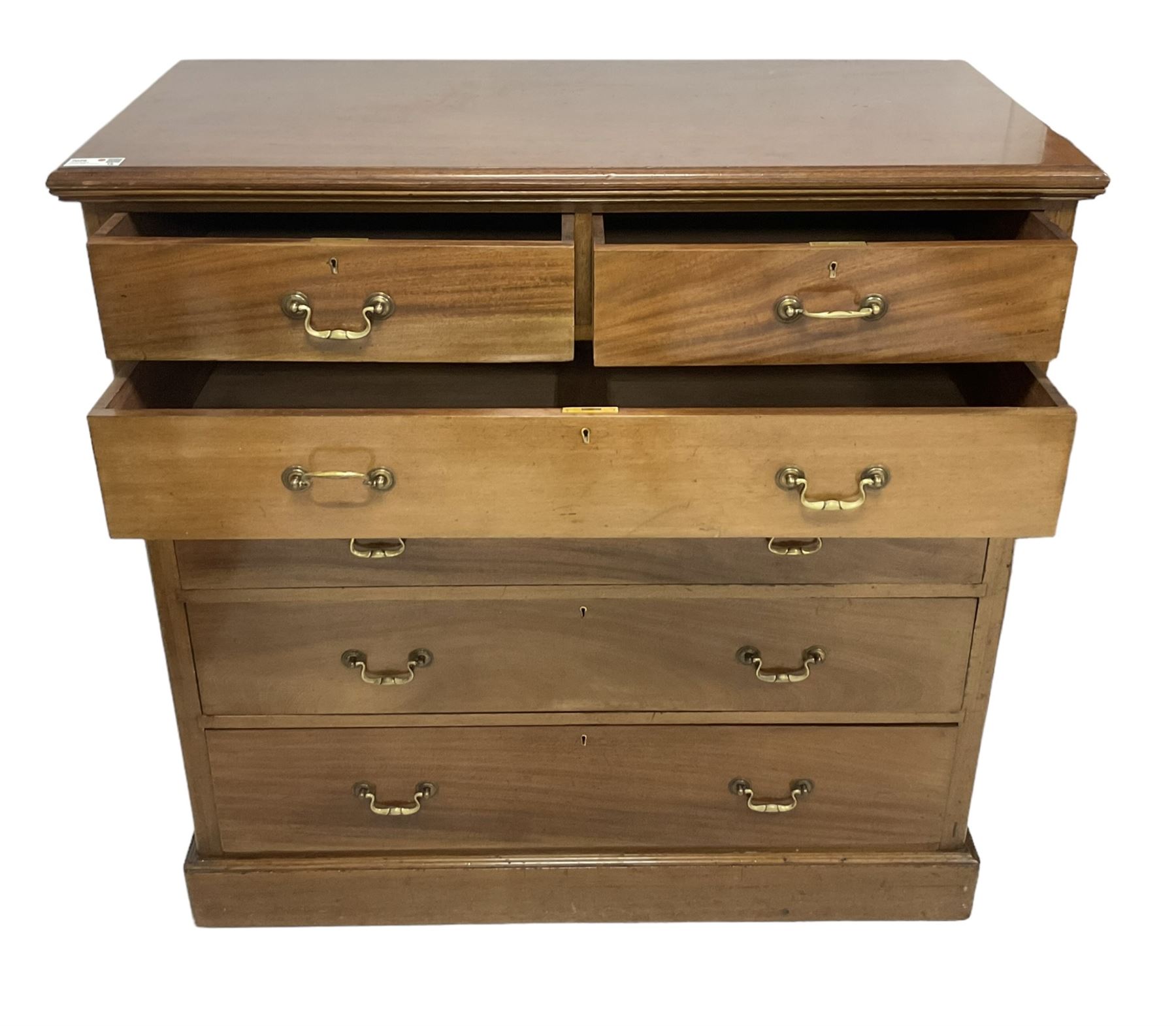 Large Victorian mahogany chest, moulded rectangular top over two short and three long graduating drawers, on plinth base 