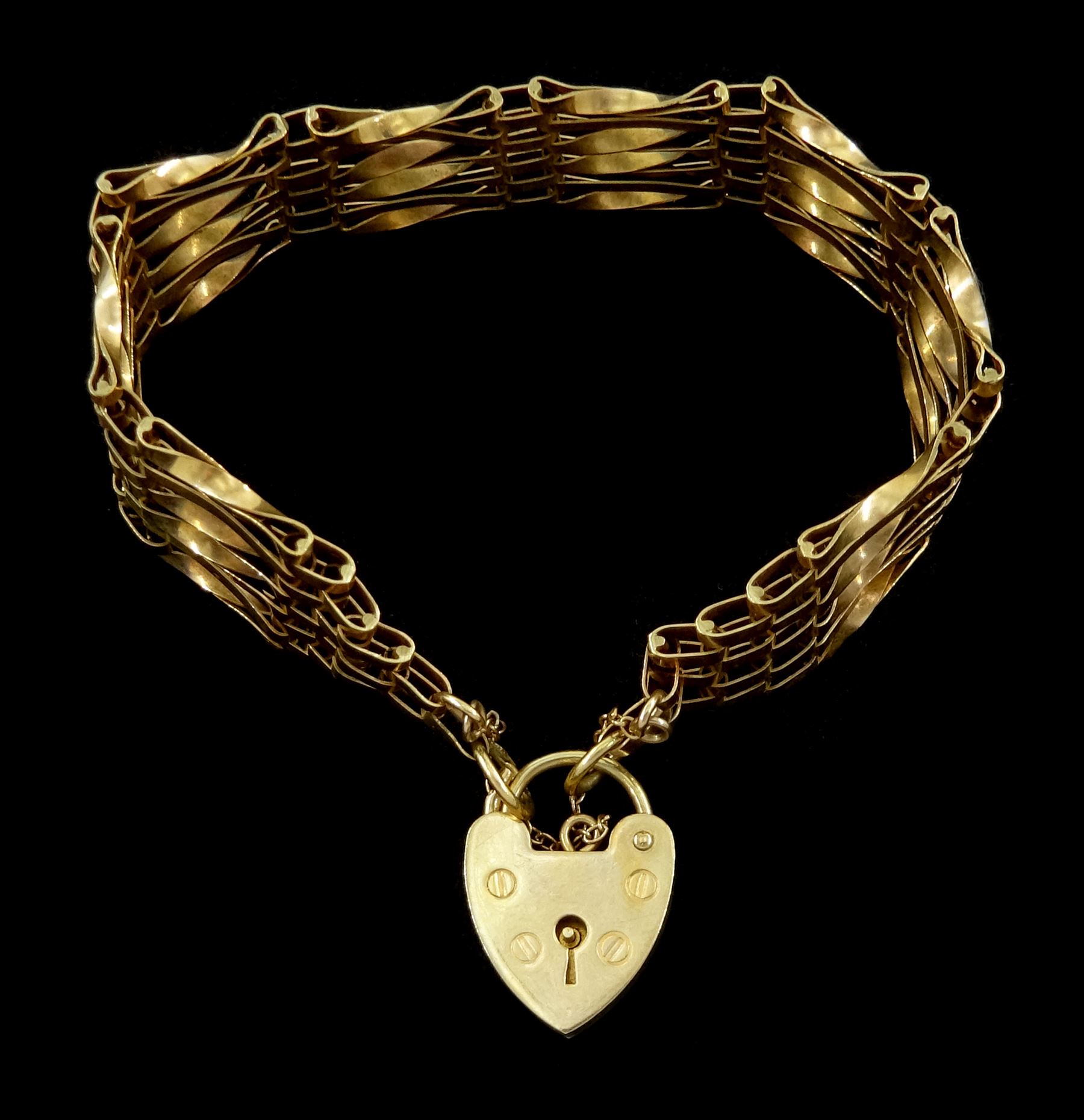 9ct gold six bar gate bracelet, with heart locket clasp, hallmarked