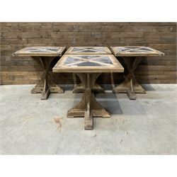 4 x Rustic square restaurant bistro table, parquetry top, X shaped base