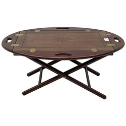 Mahogany butler's tray coffee table, oval tray with hinged sides pierced with handles, inlaid with star motif, on folding stand