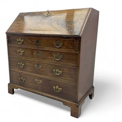 George III mahogany bureau, fall-front enclosing a fitted interior of drawers, pigeonholes...