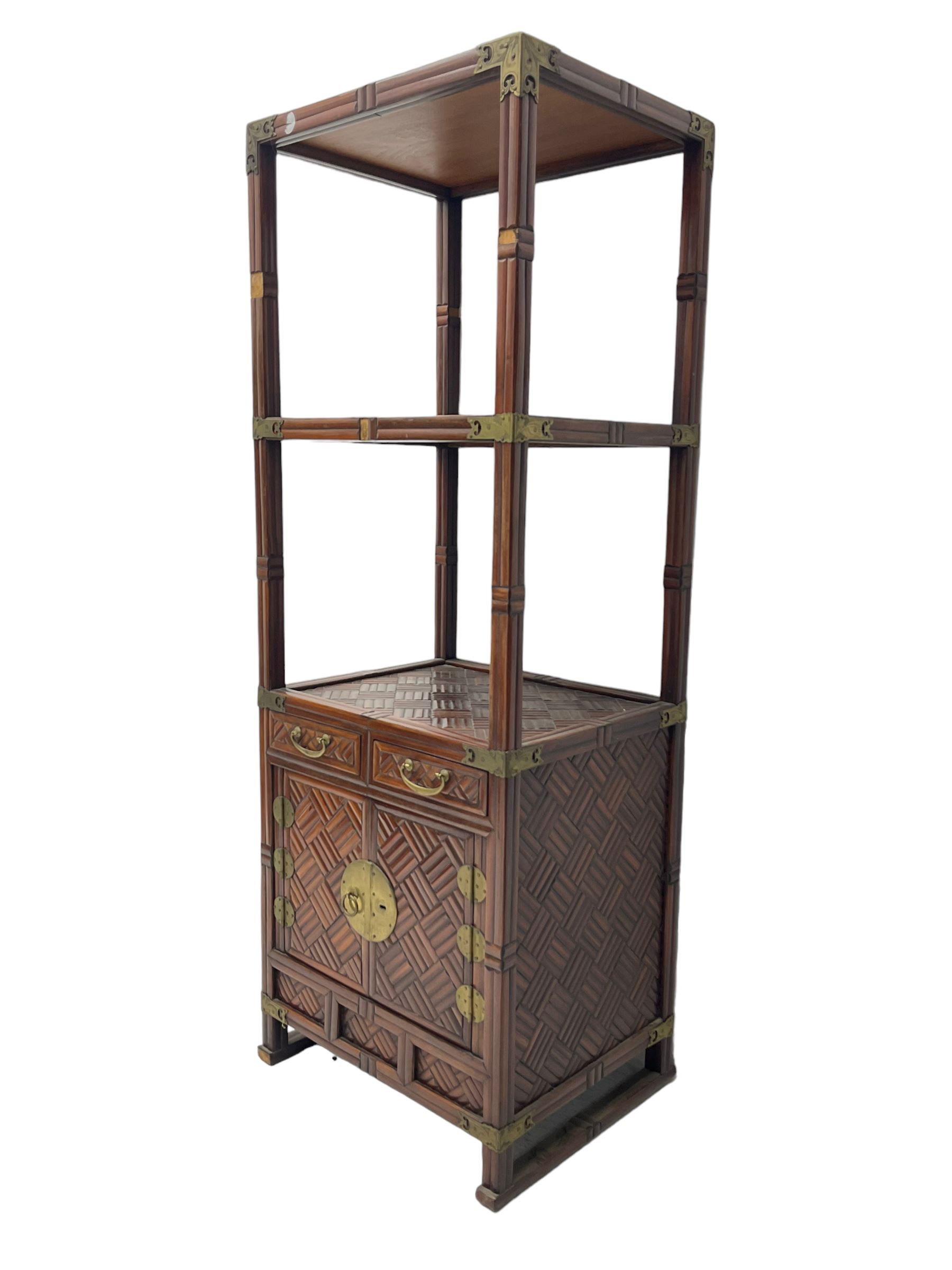 Chinese design bamboo and wood what-not or etagere, parquetry lattice-work bamboo, three tiers over two small drawers and cupboard