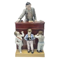 19th century Continental jar and cover, modelled as a classroom, with the teachers desk as the cover, H27cm