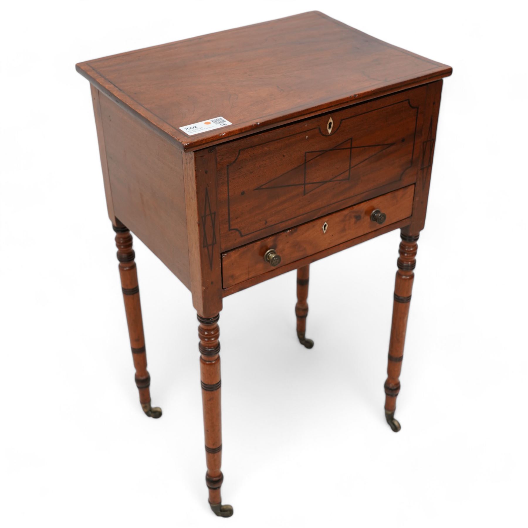 George III mahogany work table, rectangular hinged top enclosing upholstered interior, fitted with single drawer, the front inlaid with geometric stringing, on ring turned supports with brass cups and castors  