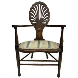 Edwardian mahogany framed chair, pierced shell back inlaid with scrolled stringing, curved arms with scrolled terminals over kidney-shaped upholstered seat, on turned supports united by swell turned stretchers 