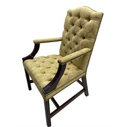 Georgian design mahogany framed Gainsborough open armchair, upholstered in pale gold buttoned fabric with floral pattern, on square moulded supports united by plain stretchers 