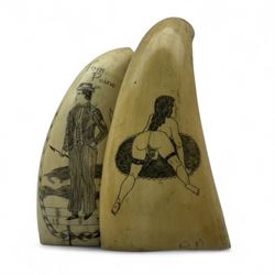 Two 19th century scrimshaw whale tooth, the first depicting a erotic scene, the second depicting Tom Paine, largest L11cm 