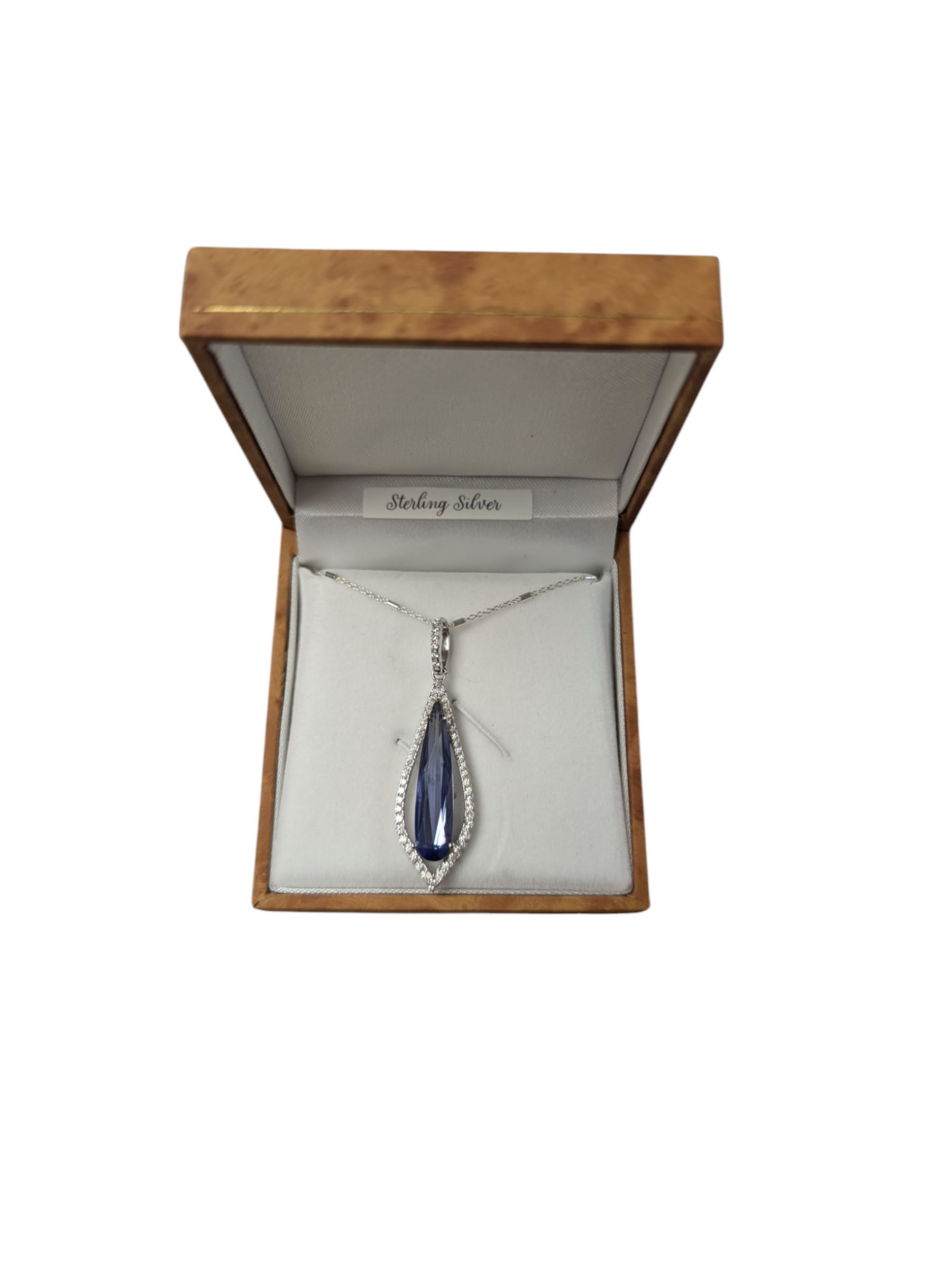 Silver blue stone and cubic zirconia pendant necklace, boxed