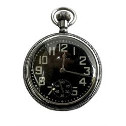 Waltham military open face pocket watch, with signed black dial and subsidiary seconds dial, the case back engraved with broad arrow and 30812907 