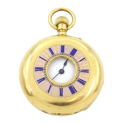 Early 20th century 18ct gold and pink enamel half keyless lever fob watch by Boxell, Brighton, white enamel dial with Roman numerals, back case monogrammed, stamped  K18 with Helvetia hallmark