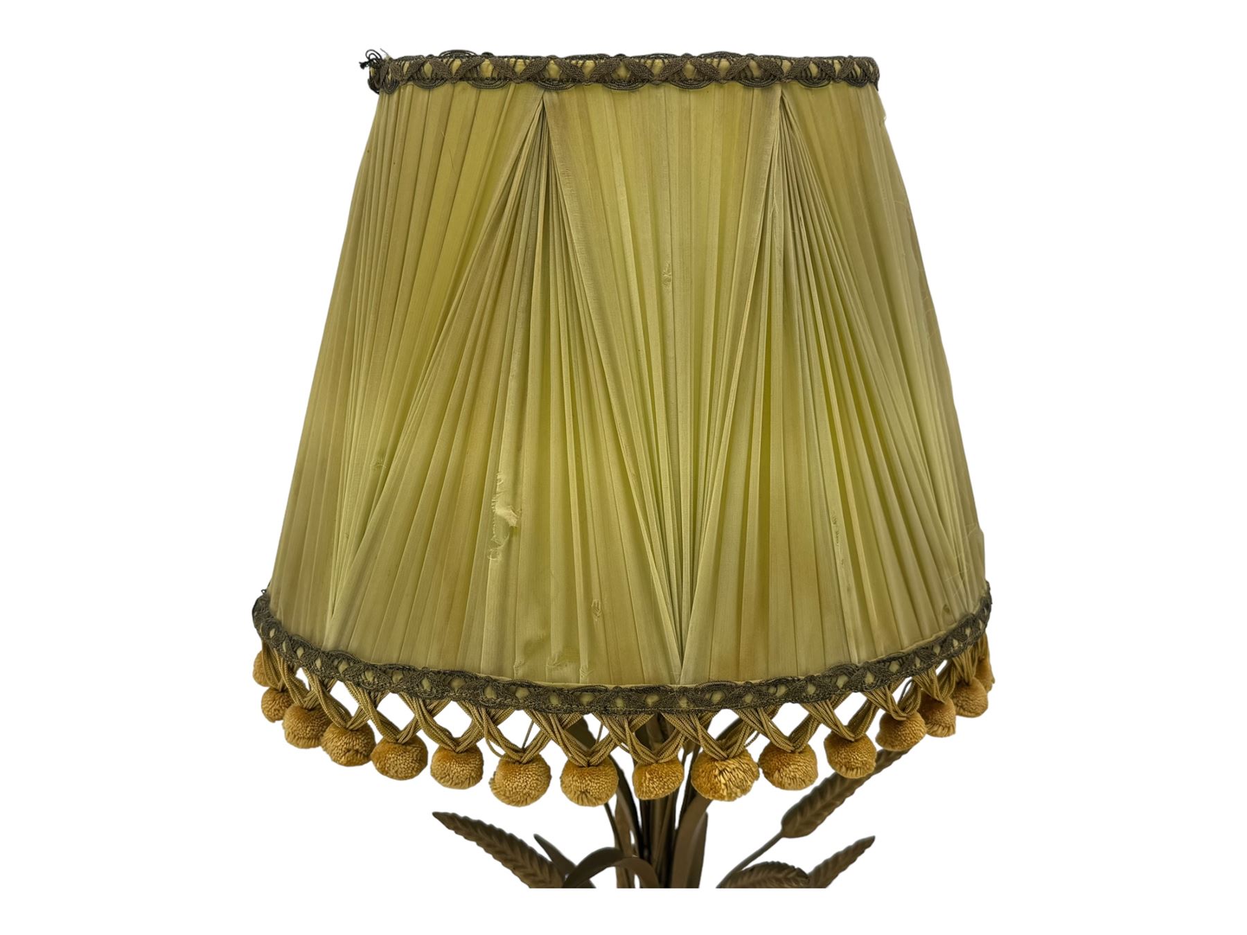 Italian mid century wheatsheaf design gilt and lacquer table lamp, on circular base with shade, H74cm overall, a three branch table lamp modelled as a candelabra, and one other table lamp (3)