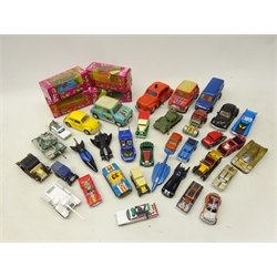 Collection of die cast toys, cars tanks including Dinky, Corgi DC Comic vehicles etc in one box  