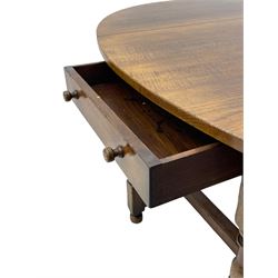 Titchmarsh & Goodwin - 17th century design oak drop leaf dining table, oval top with hinged drop leaves, single drawer to one side with applied makers label, baluster-turned supports united by stretchers