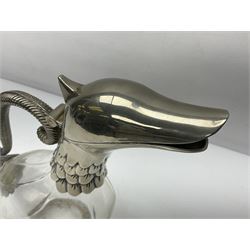 Silea silver plate mounted glass claret jug, in the form of a duck, with makers mark beneath, H26cm