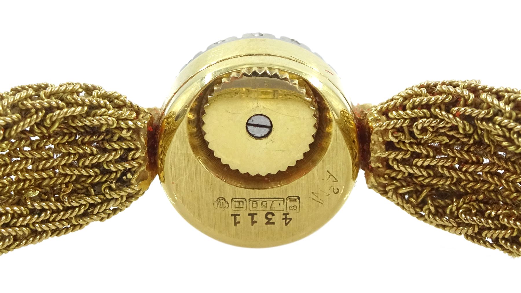 Blancpain ladies 18ct gold manual wind wristwatch, back case No. 4311, cream dial with baton hour markers, round brilliant cut diamond surround, crown wind from back case, Glasgow import mark 1959, on integral 18ct gold mesh bracelet, stamped 750, boxed