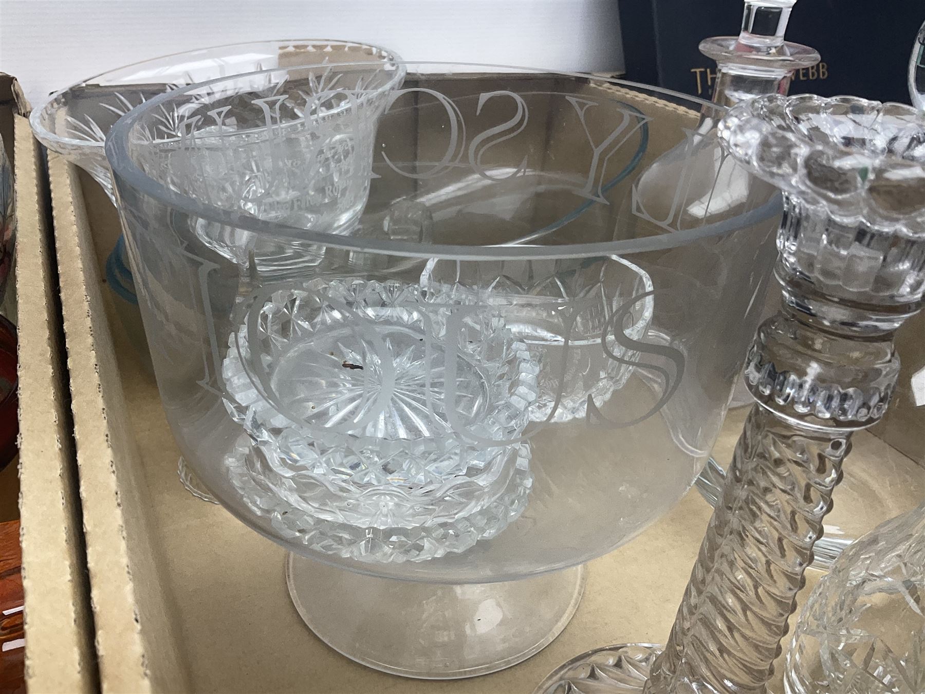 Set of six Royal Scot whisky tumblers, together with cased set of Thomas Wedd glasses, decanters and other glassware, in three boxes 