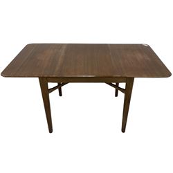 Mid-20th century teak extending dining table, rectangular top with rounded corners, raised on shaped tapering supports united by X-stretcher, with additional leaf