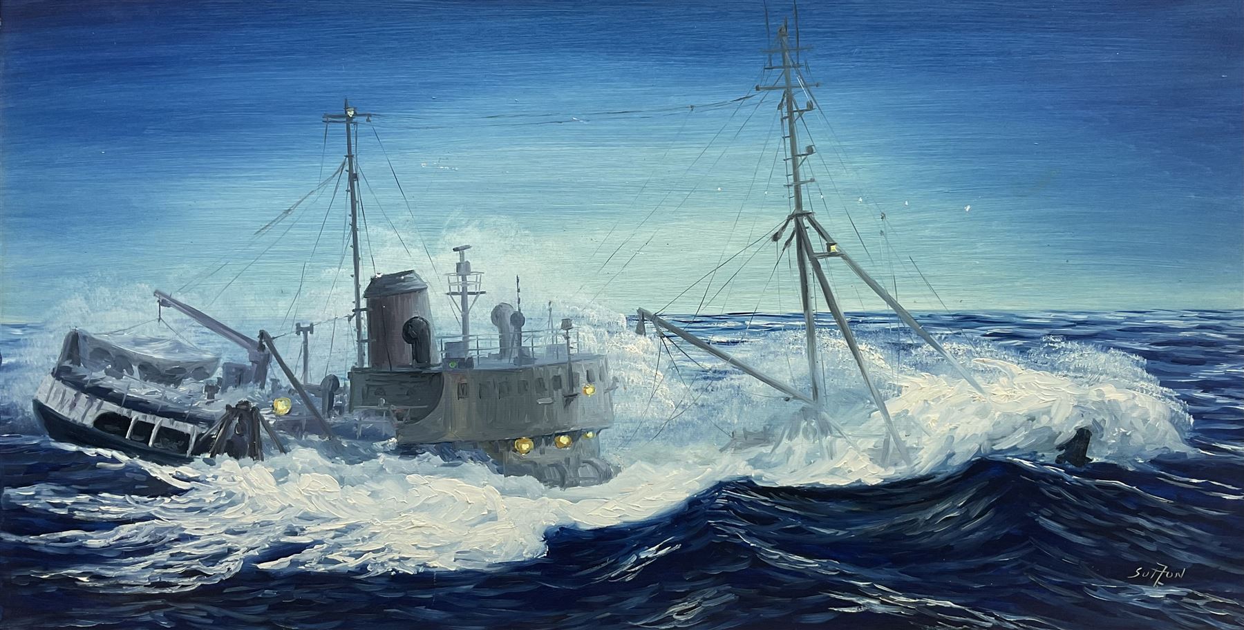 Keith Sutton (British 1924-1991): 'Cordella' Ship at Sea, oil on board signed, titled verso 39cm x 74cm 