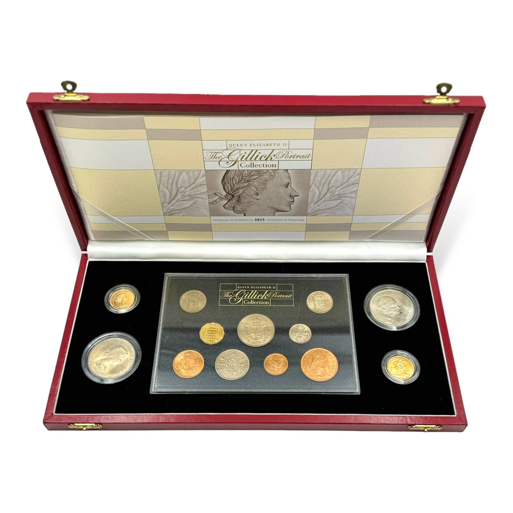 The Royal Mint Queen Elizabeth II 'The Gillick Portrait Collection', including 1957 and 1968 gold full sovereign coins, cased with certificate