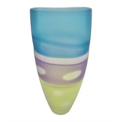 Stuart Akroyd glass vase, matte blue, green and purple bands, with bubble inclusions H28.3cm