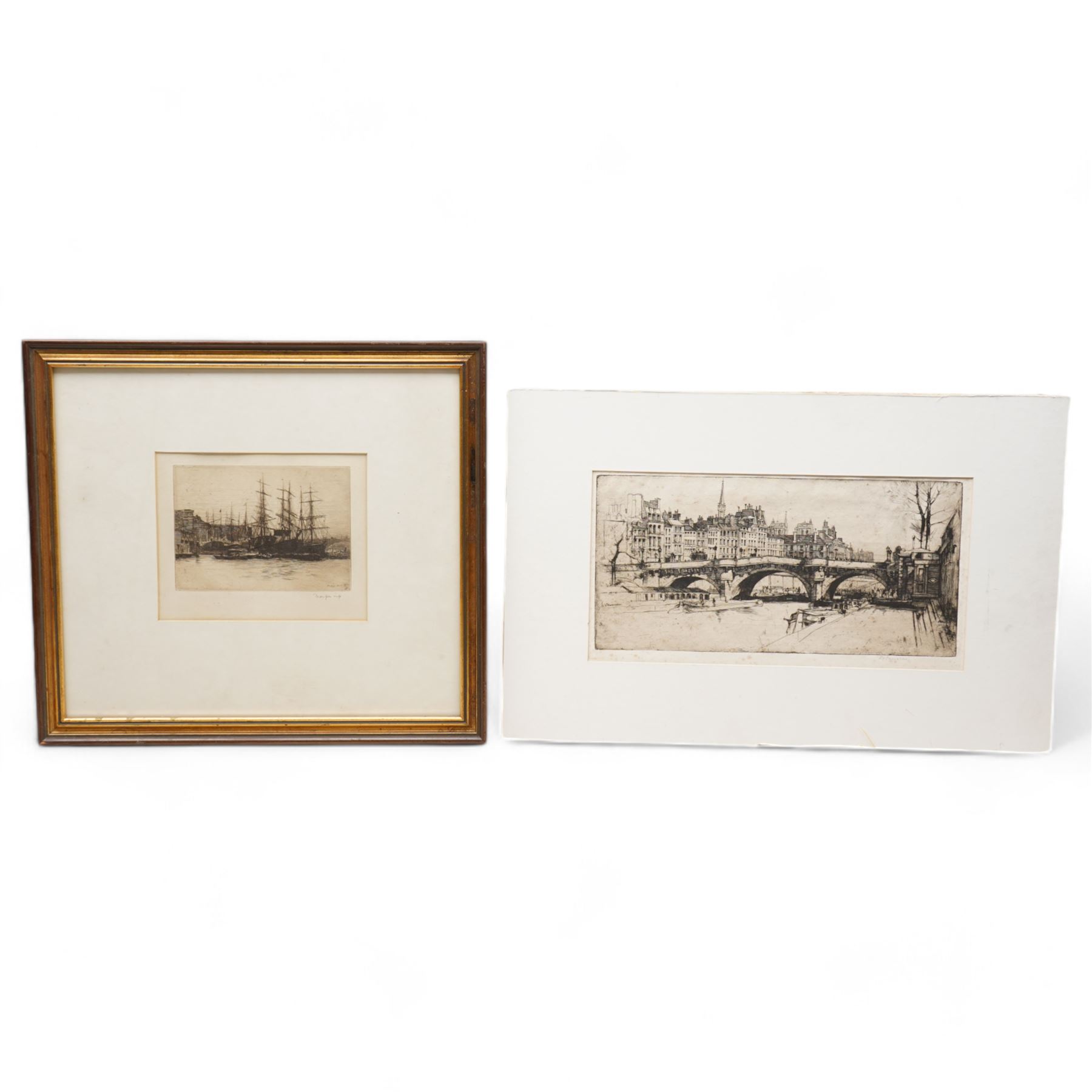 Sir David Young Cameron (Scottish 1865-1945): Pont Neuf Bridge, etching signed in pencil; Mortimer Luddington Menpes (British 1855-1938): View of South Bank near London Bridge, etching signed in pencil max 17cm x 32cm (2)