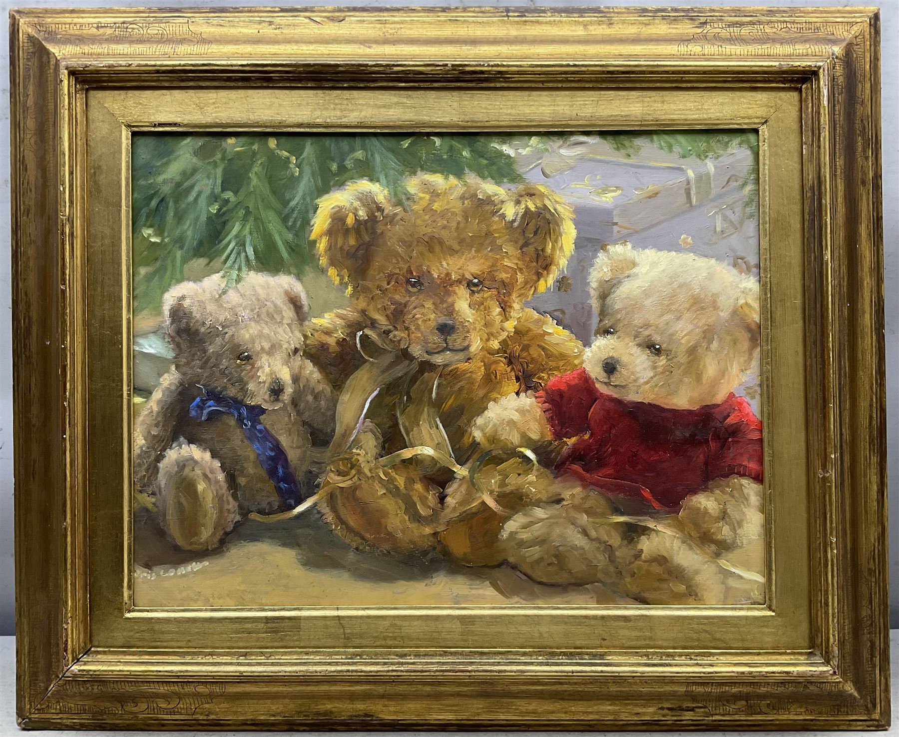 Iris Collett (British 1938-): Christmas Teddy Bears, oil on board signed 31cm x 41cm
Provenance: part of the artist's studio collection