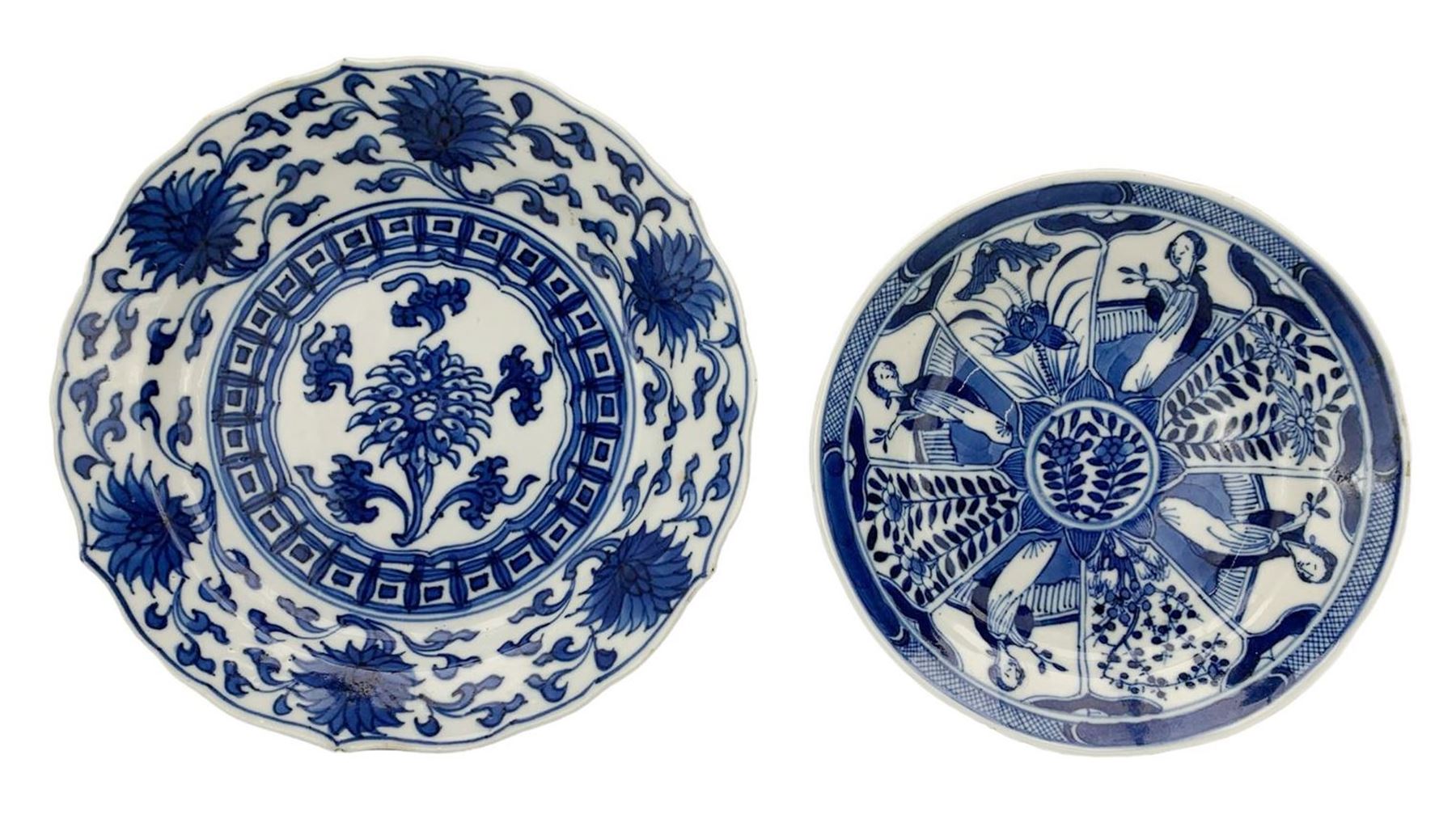 19th century Chinese blue and white saucer dish decorated in the Long Eliza pattern, four character mark within double circle beneath, D13.5cm, and a Chinese shaped dish painted with lotus flowers, provincial shop mark within square border beneath (2)