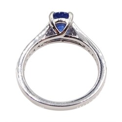 Platinum oval Ceylon sapphire ring, with diamond set shoulders, hallmarked, sapphire approx 1.20 carat