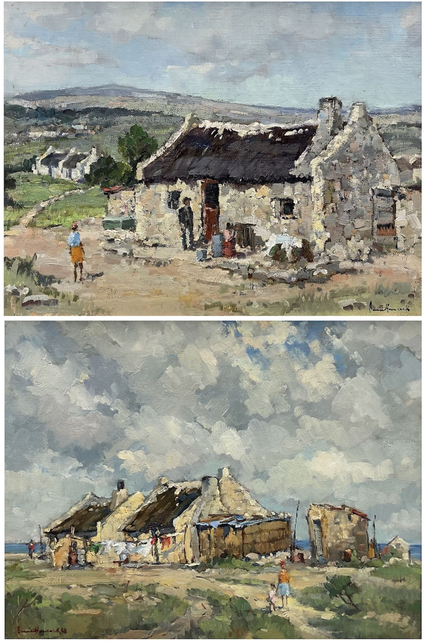 Arthur Bruce Hancock (South African 1912-1990): Figures by Country and Coastal Cottages, pair oils on board signed one dated '68, 34cm x 45cm (2) 